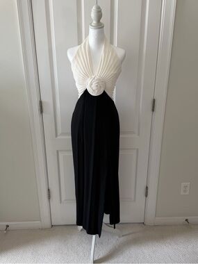 Lew Magram Black and Cream Halter Maxi Skirt with Rosette Detail